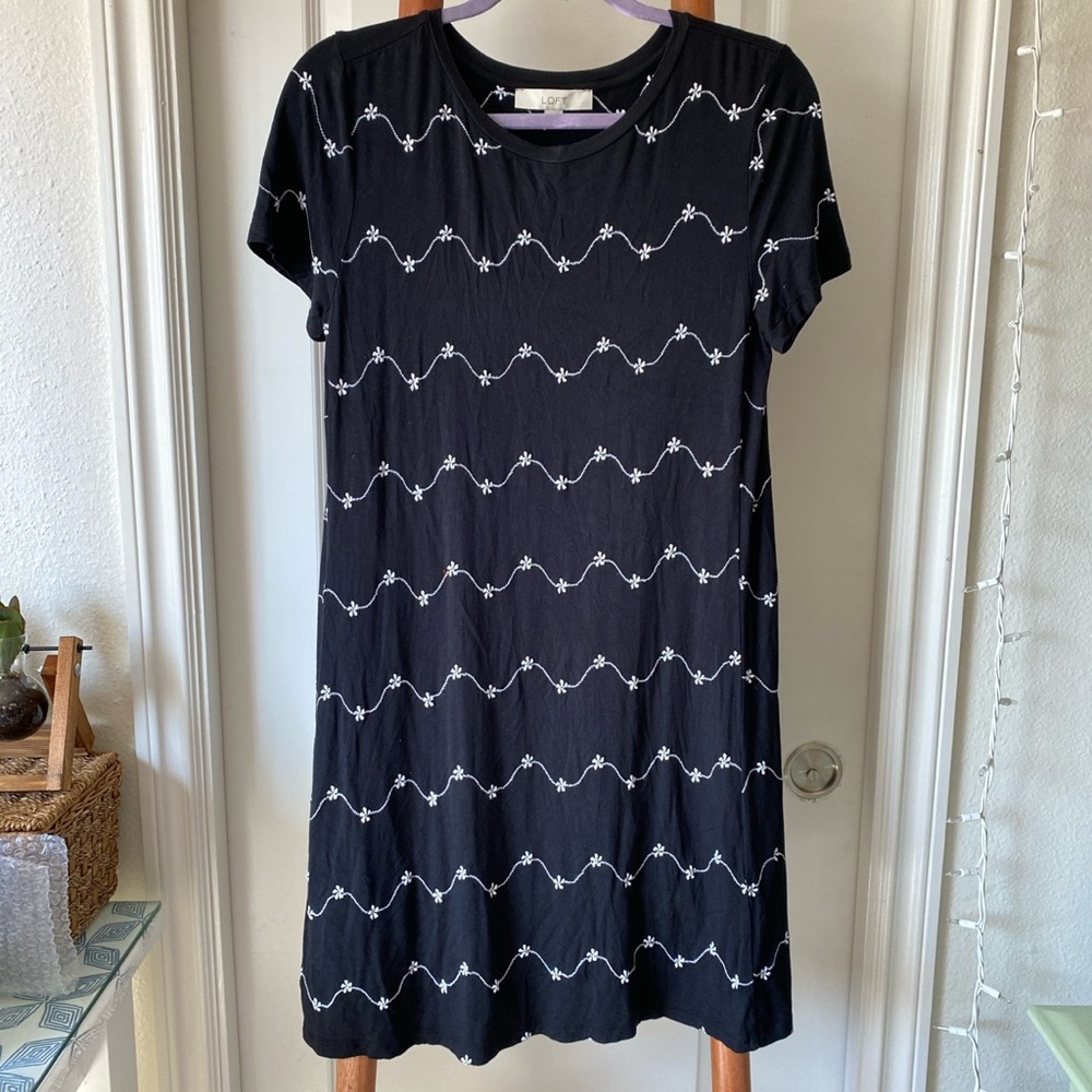 Daisy embroidered black skater dress